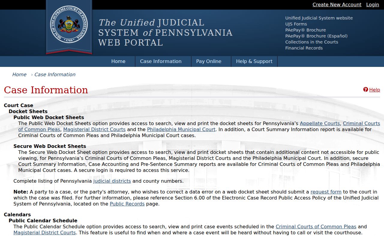 Allegheny County resident lookup UJS public case-information entry screen